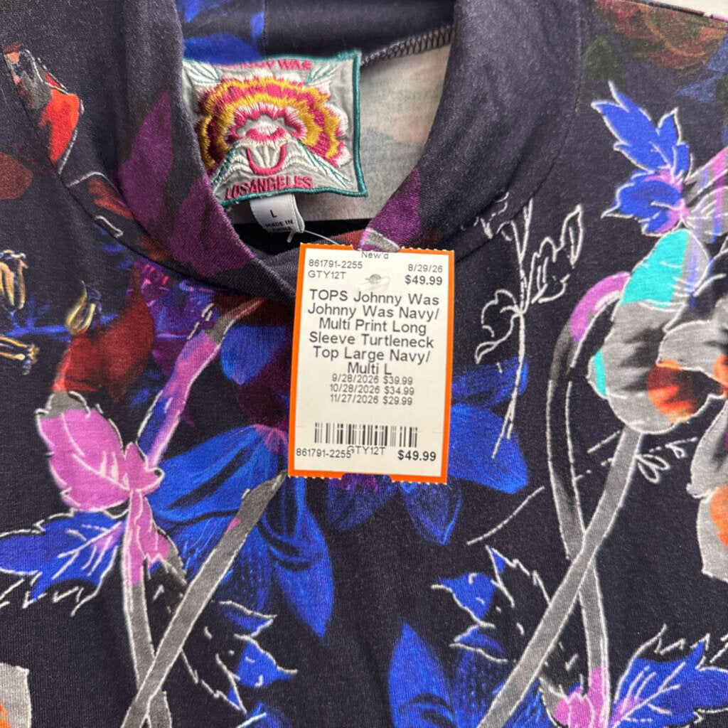 Johnny Was Navy/ Multi Print Long Sleeve Turtleneck Top Large