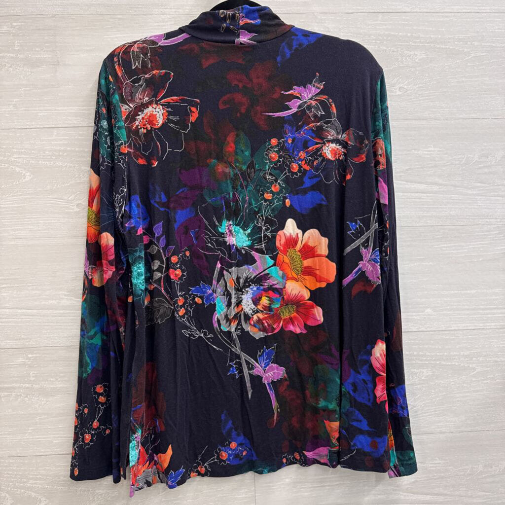 Johnny Was Navy/ Multi Print Long Sleeve Turtleneck Top Large