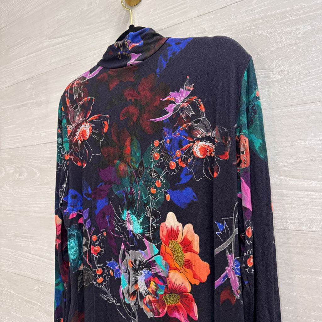 Johnny Was Navy/ Multi Print Long Sleeve Turtleneck Top Large