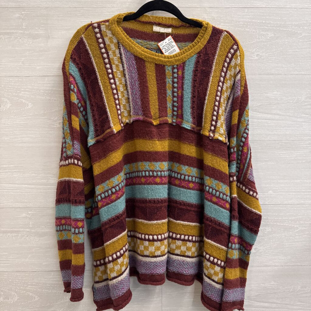Easel Burgundy/ Multi Knit Striped Print Sweater Small