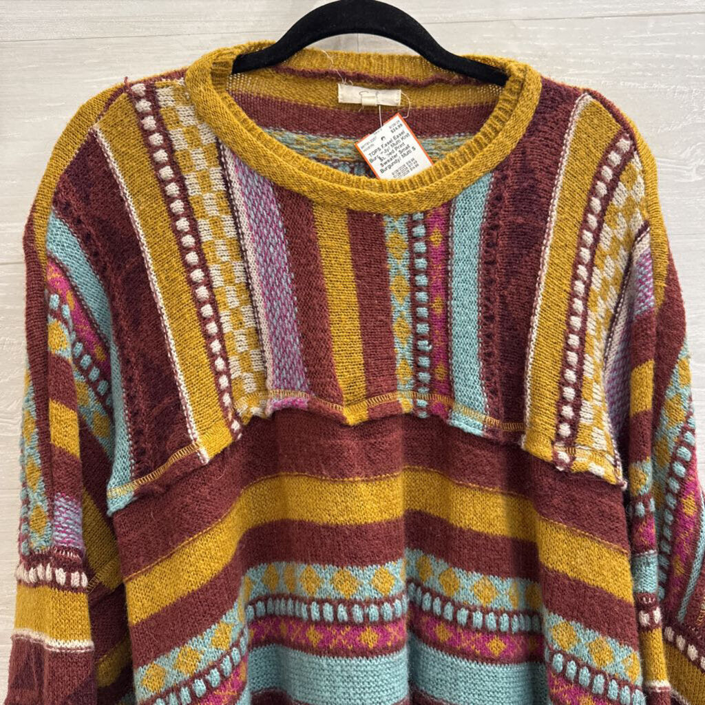 Easel Burgundy/ Multi Knit Striped Print Sweater Small