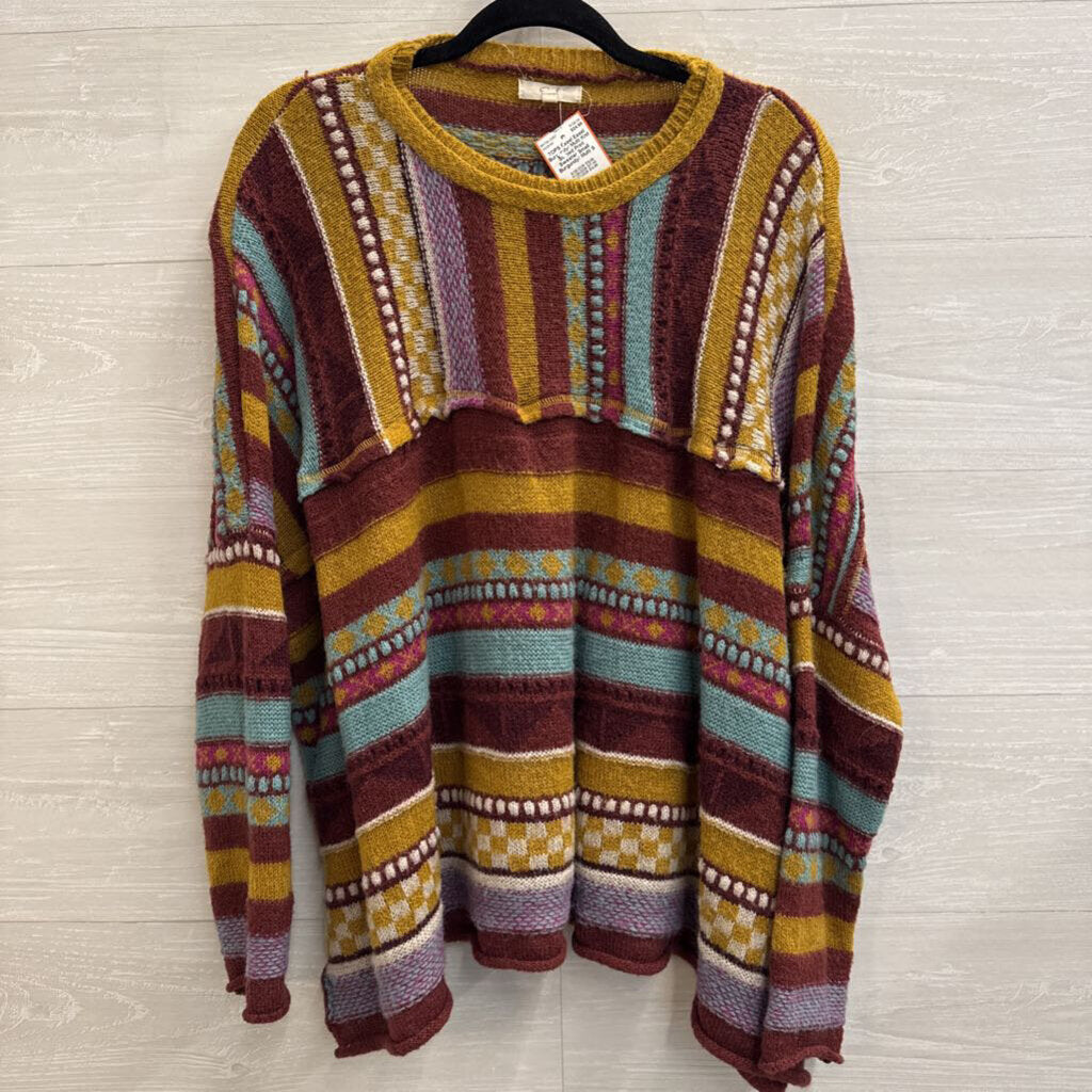 Easel Burgundy/ Multi Knit Striped Print Sweater Small