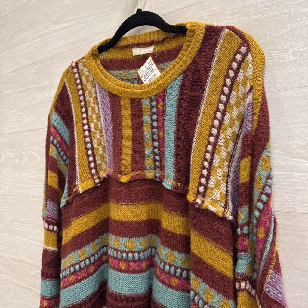 Easel Burgundy/ Multi Knit Striped Print Sweater Small
