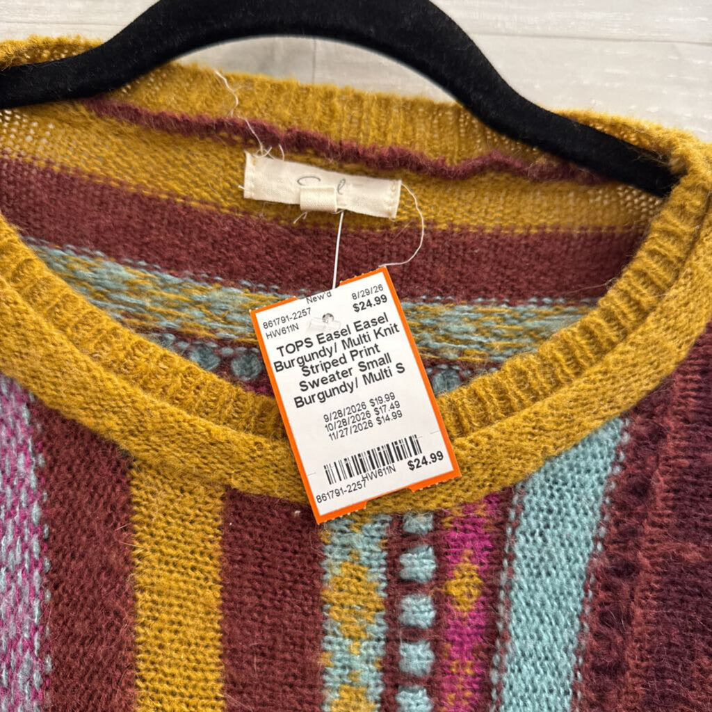 Easel Burgundy/ Multi Knit Striped Print Sweater Small