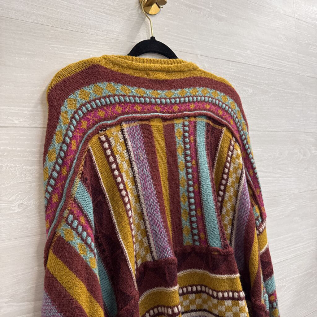 Easel Burgundy/ Multi Knit Striped Print Sweater Small
