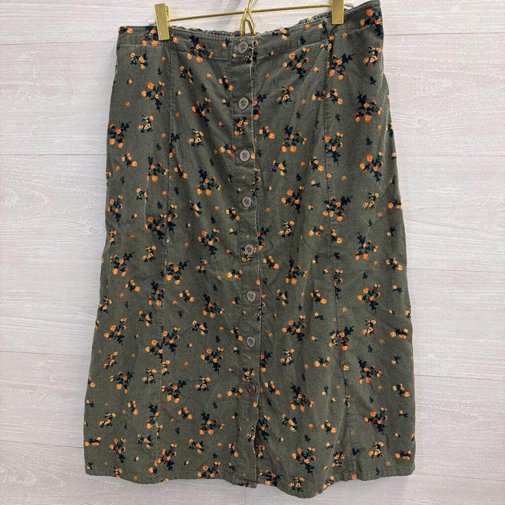 The Vermont Country Store Green Floral Corduroy Midi Skirt Large