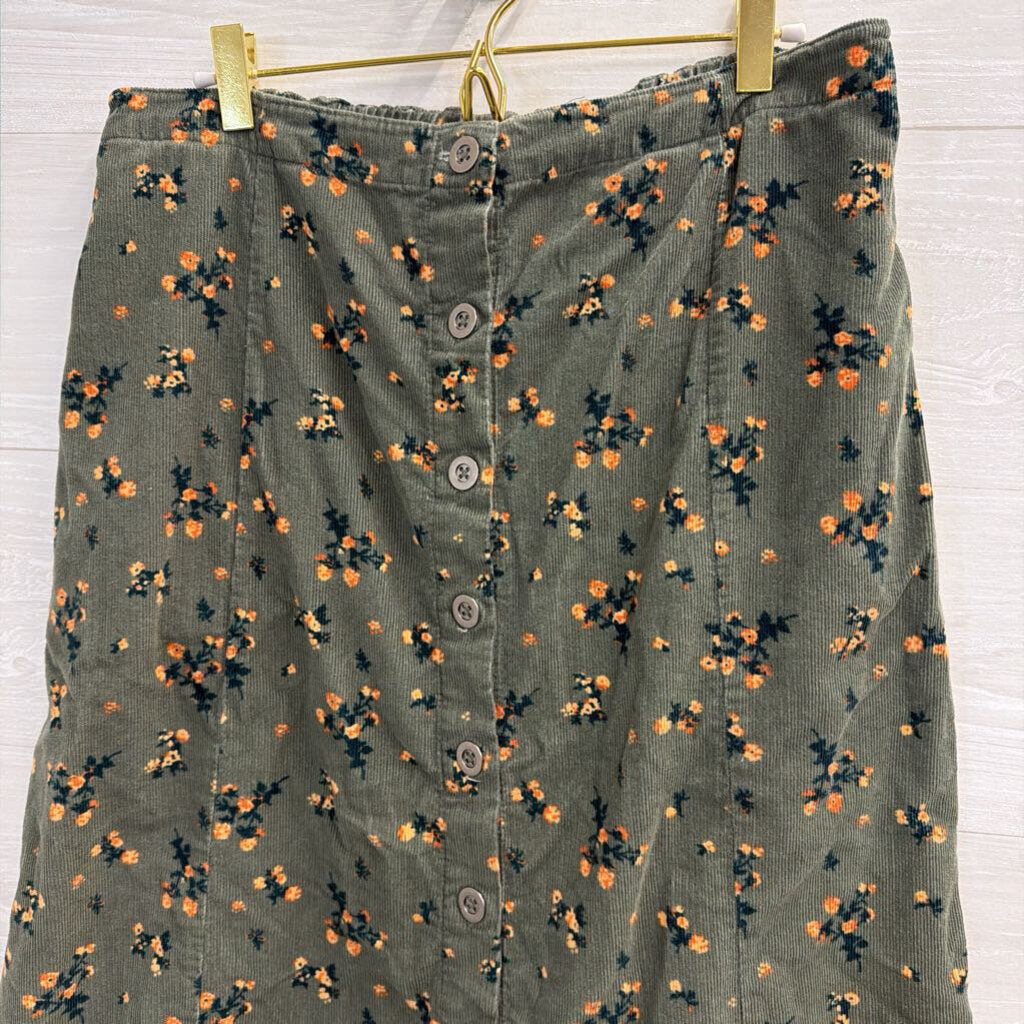 The Vermont Country Store Green Floral Corduroy Midi Skirt Large