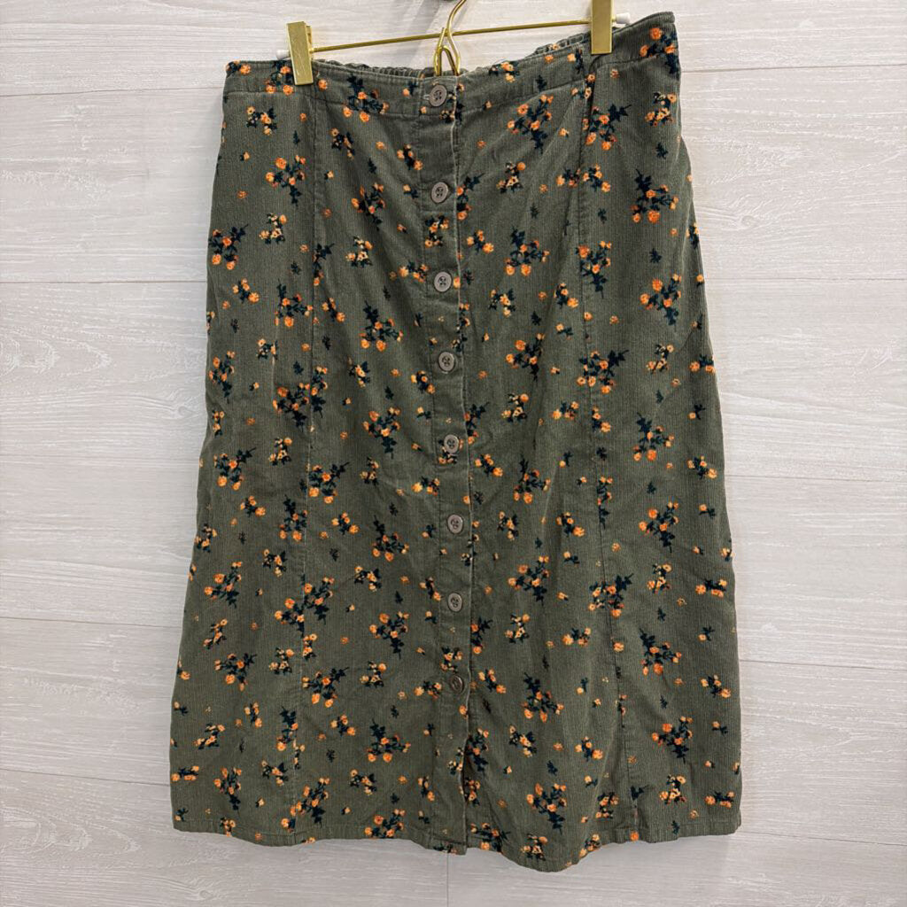 The Vermont Country Store Green Floral Corduroy Midi Skirt Large