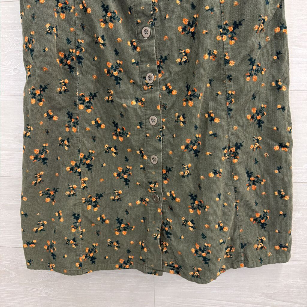 The Vermont Country Store Green Floral Corduroy Midi Skirt Large