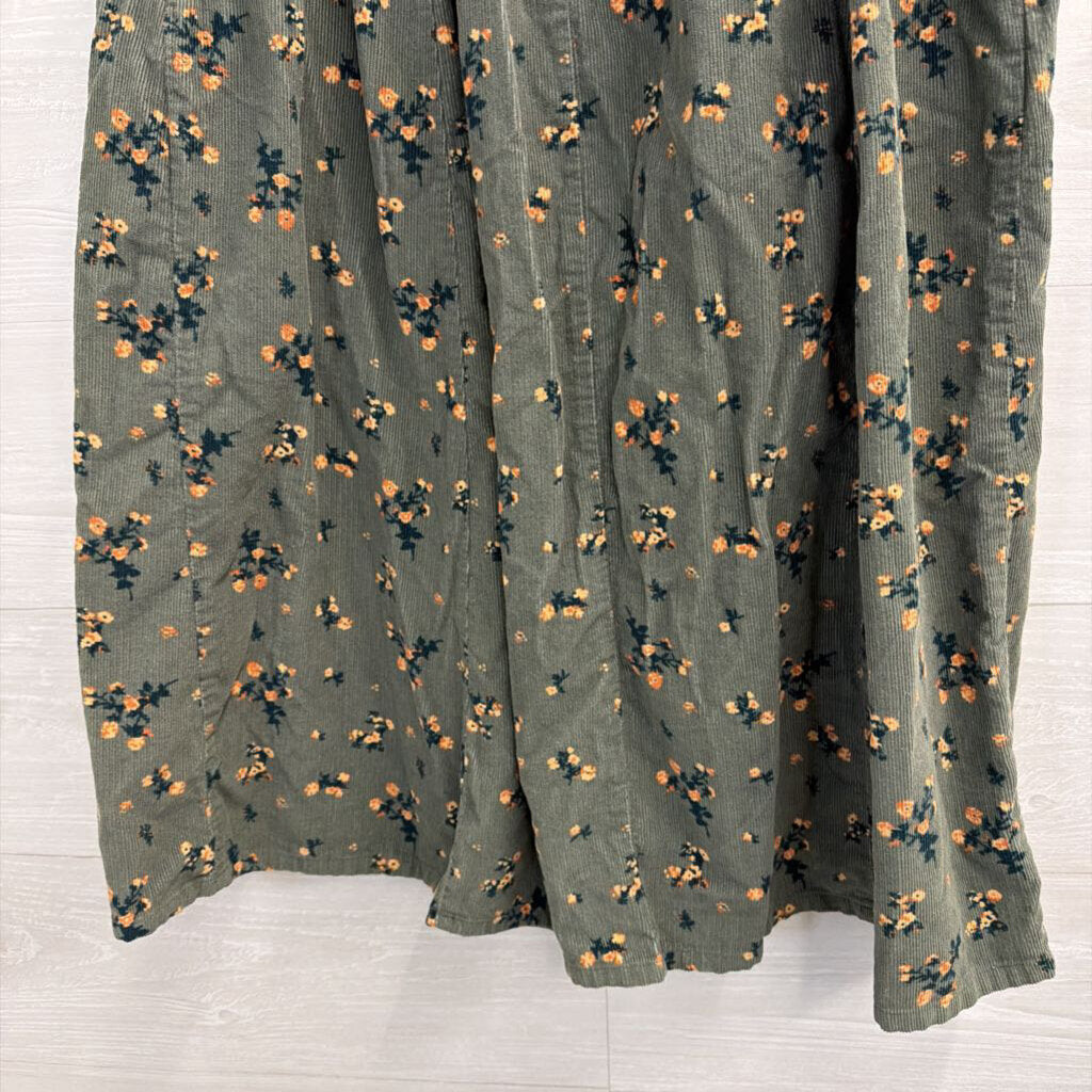 The Vermont Country Store Green Floral Corduroy Midi Skirt Large