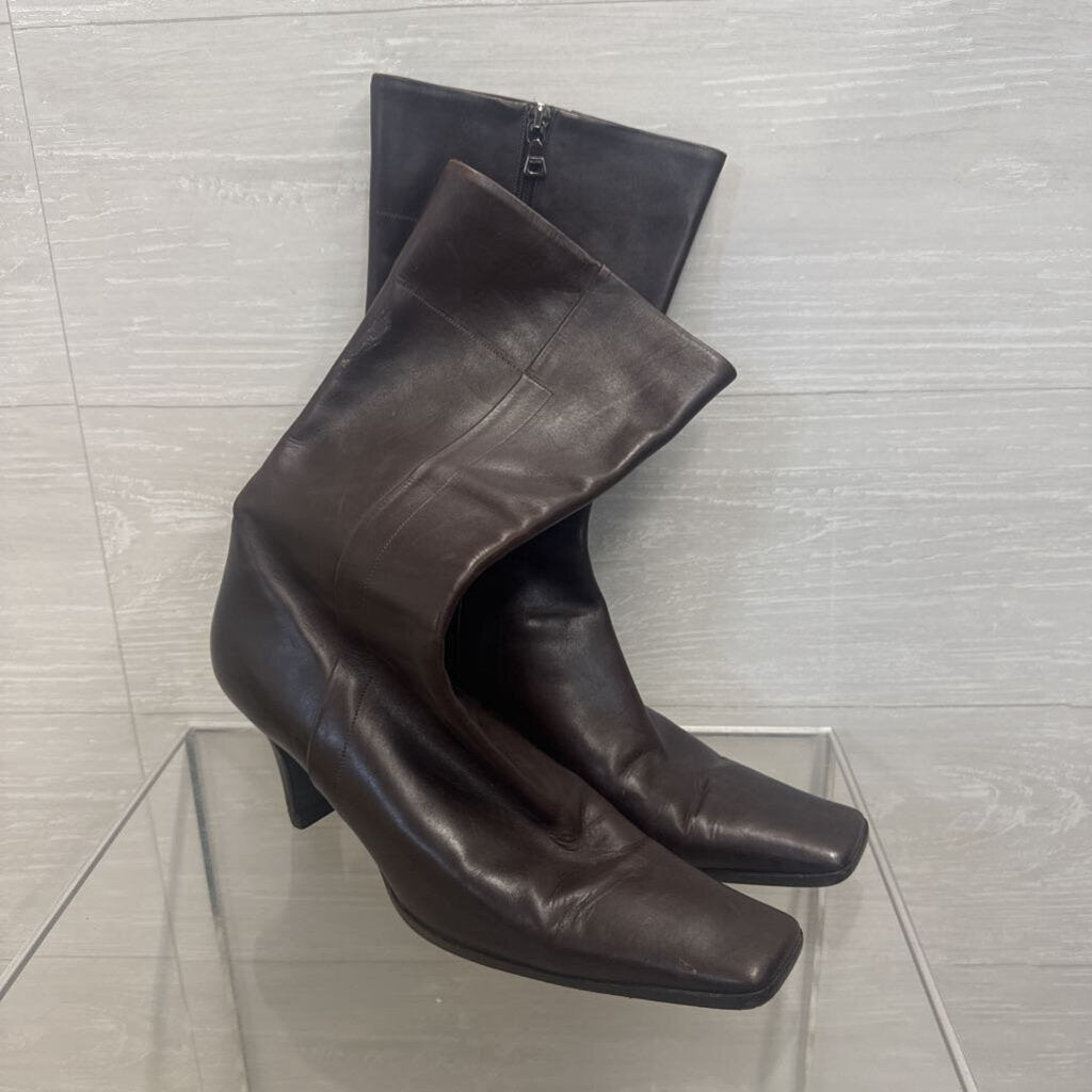 Prada Brown Leather Square Toe Calf Zip Side Boots 39