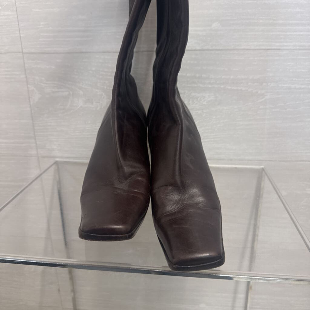 Prada Brown Leather Square Toe Calf Zip Side Boots 39