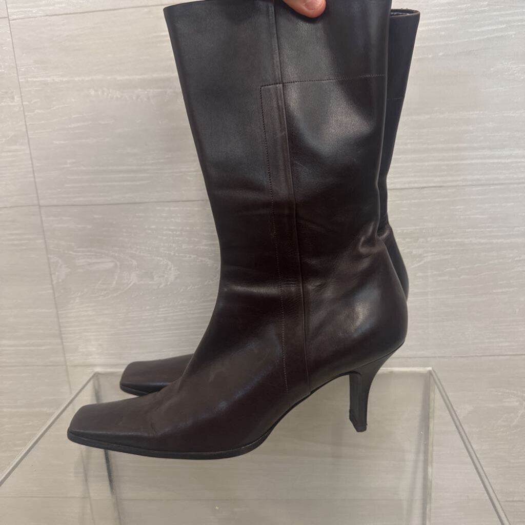 Prada Brown Leather Square Toe Calf Zip Side Boots 39