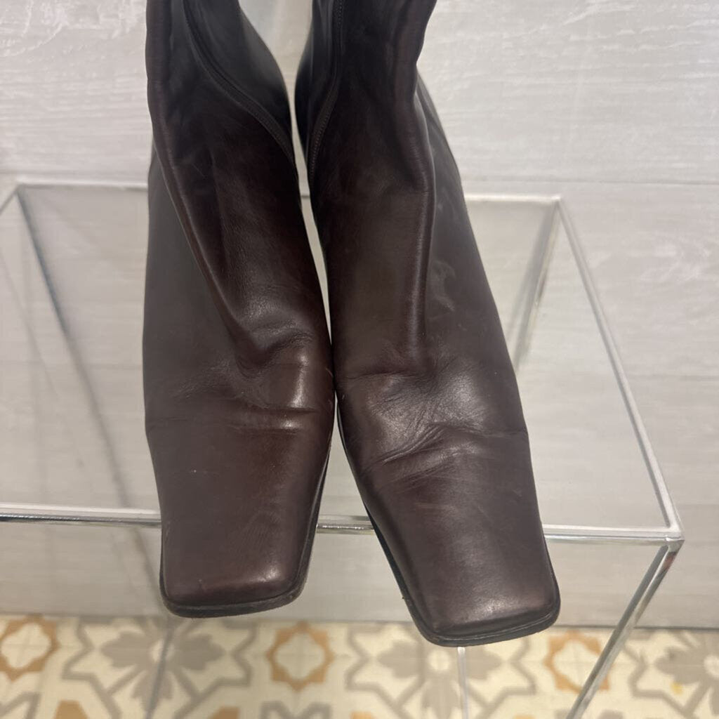 Prada Brown Leather Square Toe Calf Zip Side Boots 39