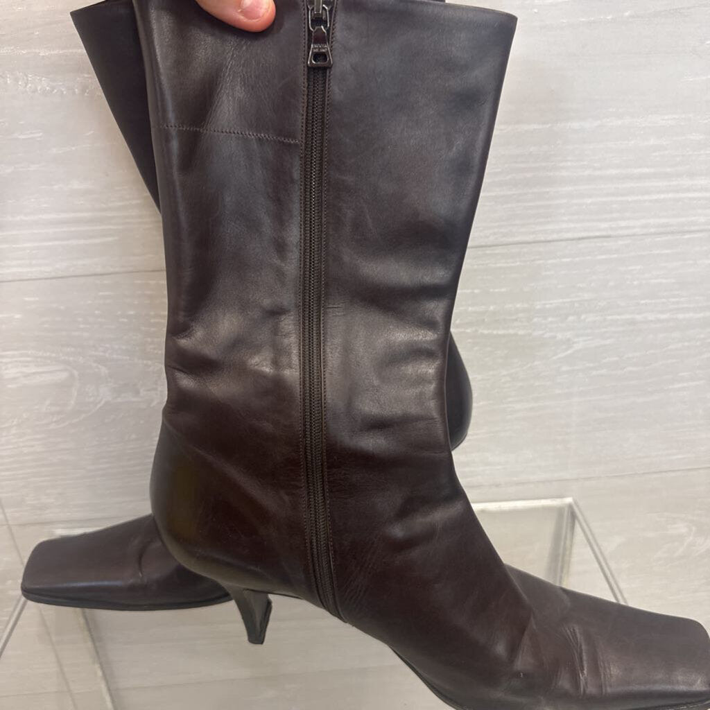 Prada Brown Leather Square Toe Calf Zip Side Boots 39