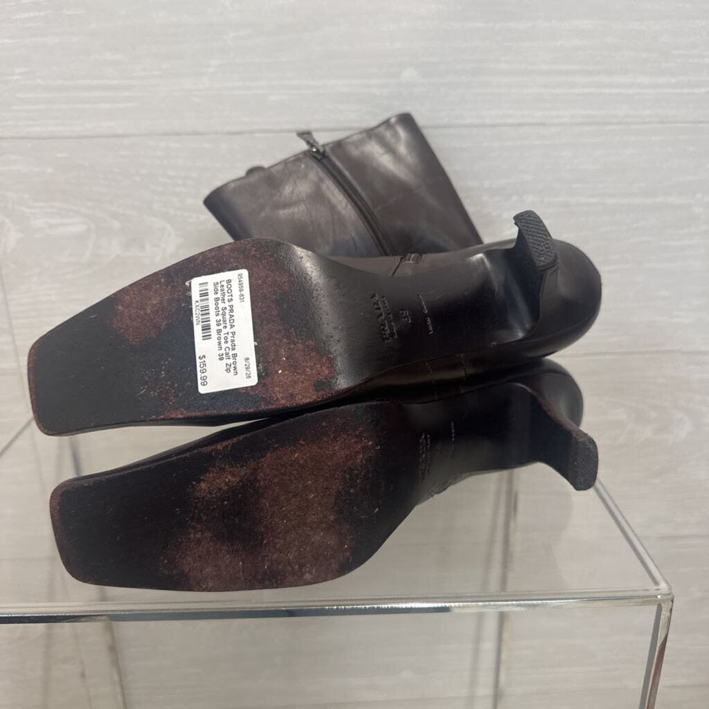 Prada Brown Leather Square Toe Calf Zip Side Boots 39
