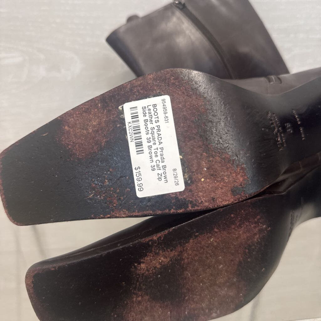 Prada Brown Leather Square Toe Calf Zip Side Boots 39