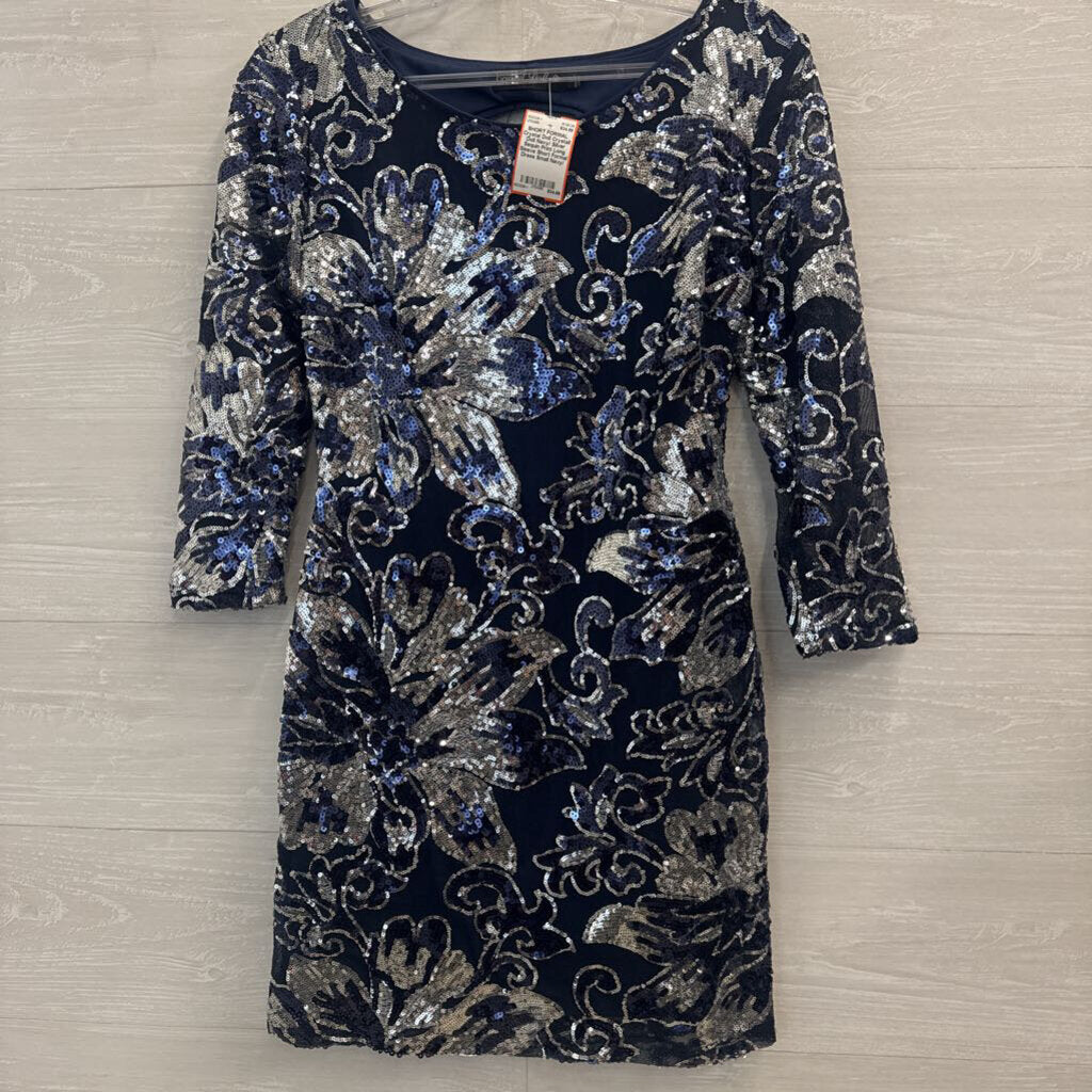 Crystall Doll Navy/ Silver Sequin Print Long Sleeve Short Formal Dress Small