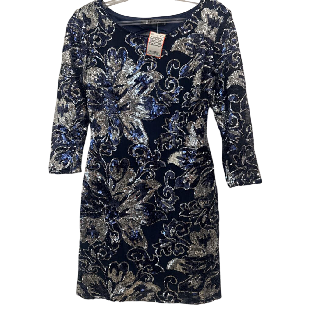 Crystall Doll Navy/ Silver Sequin Print Long Sleeve Short Formal Dress Small