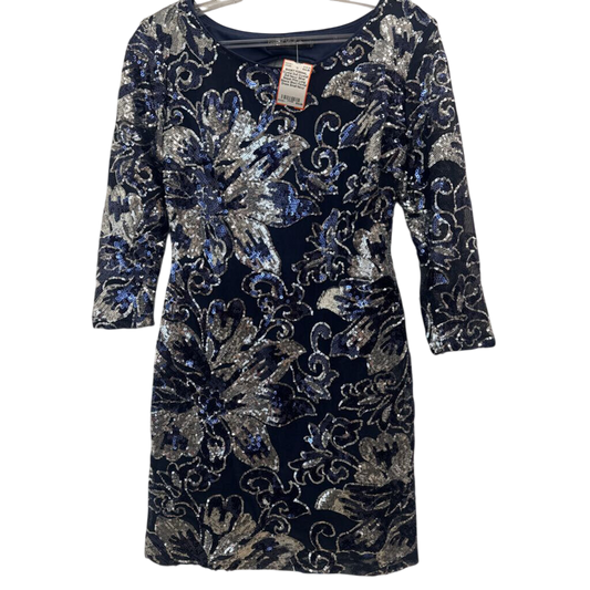 Crystall Doll Navy/ Silver Sequin Print Long Sleeve Short Formal Dress Small