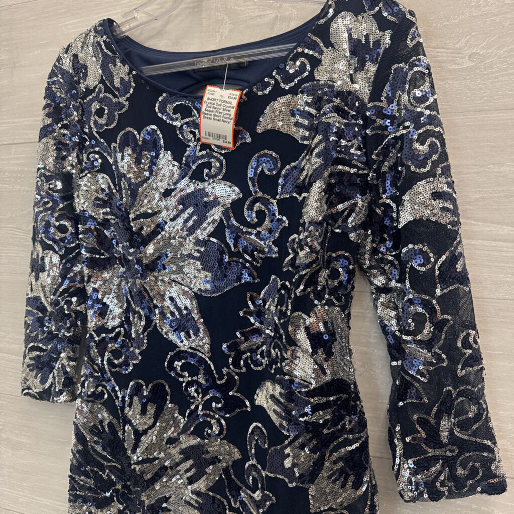 Crystall Doll Navy/ Silver Sequin Print Long Sleeve Short Formal Dress Small