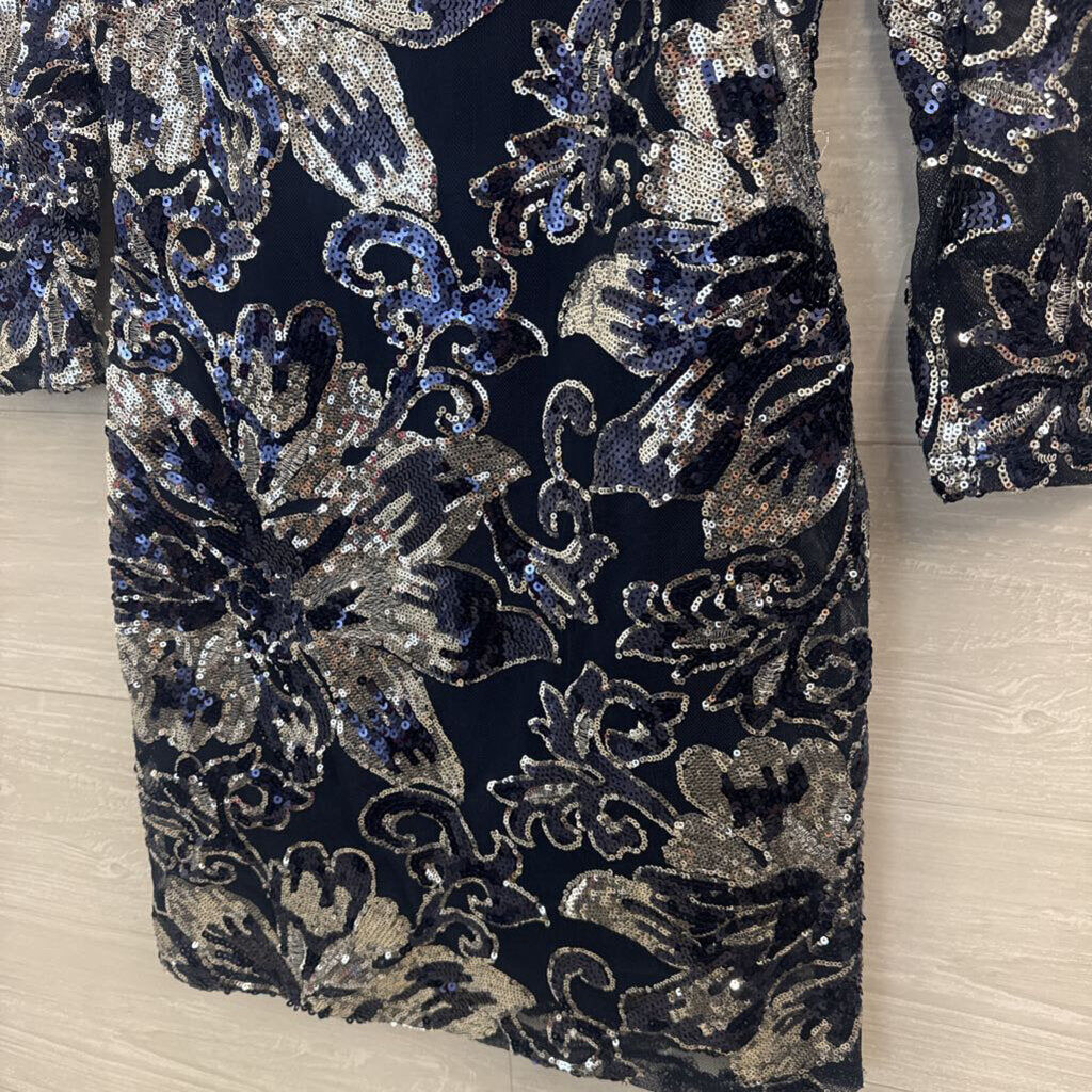 Crystall Doll Navy/ Silver Sequin Print Long Sleeve Short Formal Dress Small
