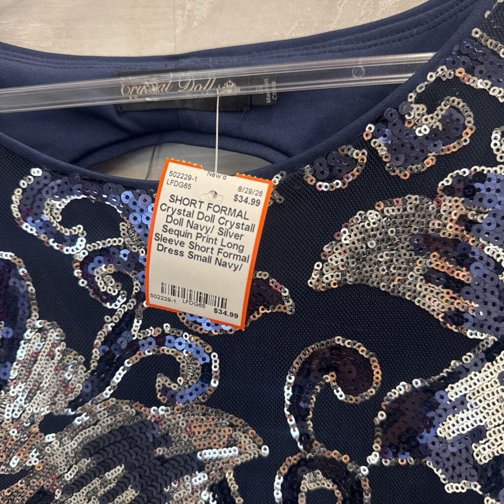 Crystall Doll Navy/ Silver Sequin Print Long Sleeve Short Formal Dress Small