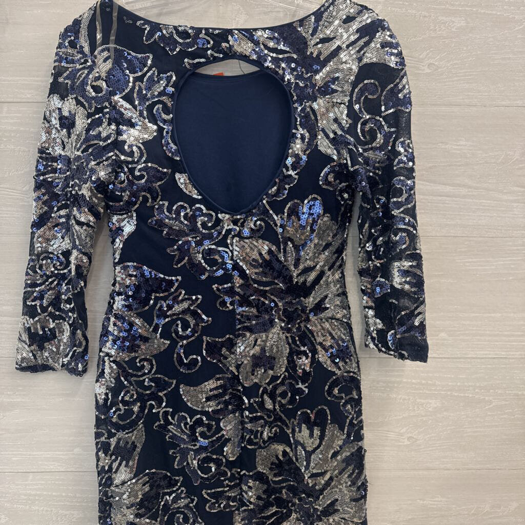 Crystall Doll Navy/ Silver Sequin Print Long Sleeve Short Formal Dress Small