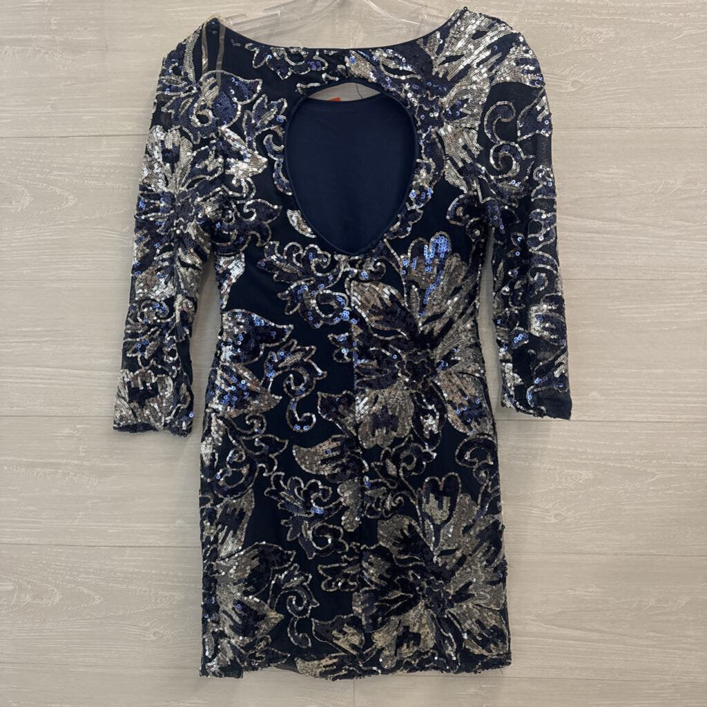 Crystall Doll Navy/ Silver Sequin Print Long Sleeve Short Formal Dress Small