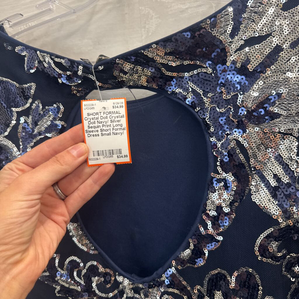 Crystall Doll Navy/ Silver Sequin Print Long Sleeve Short Formal Dress Small