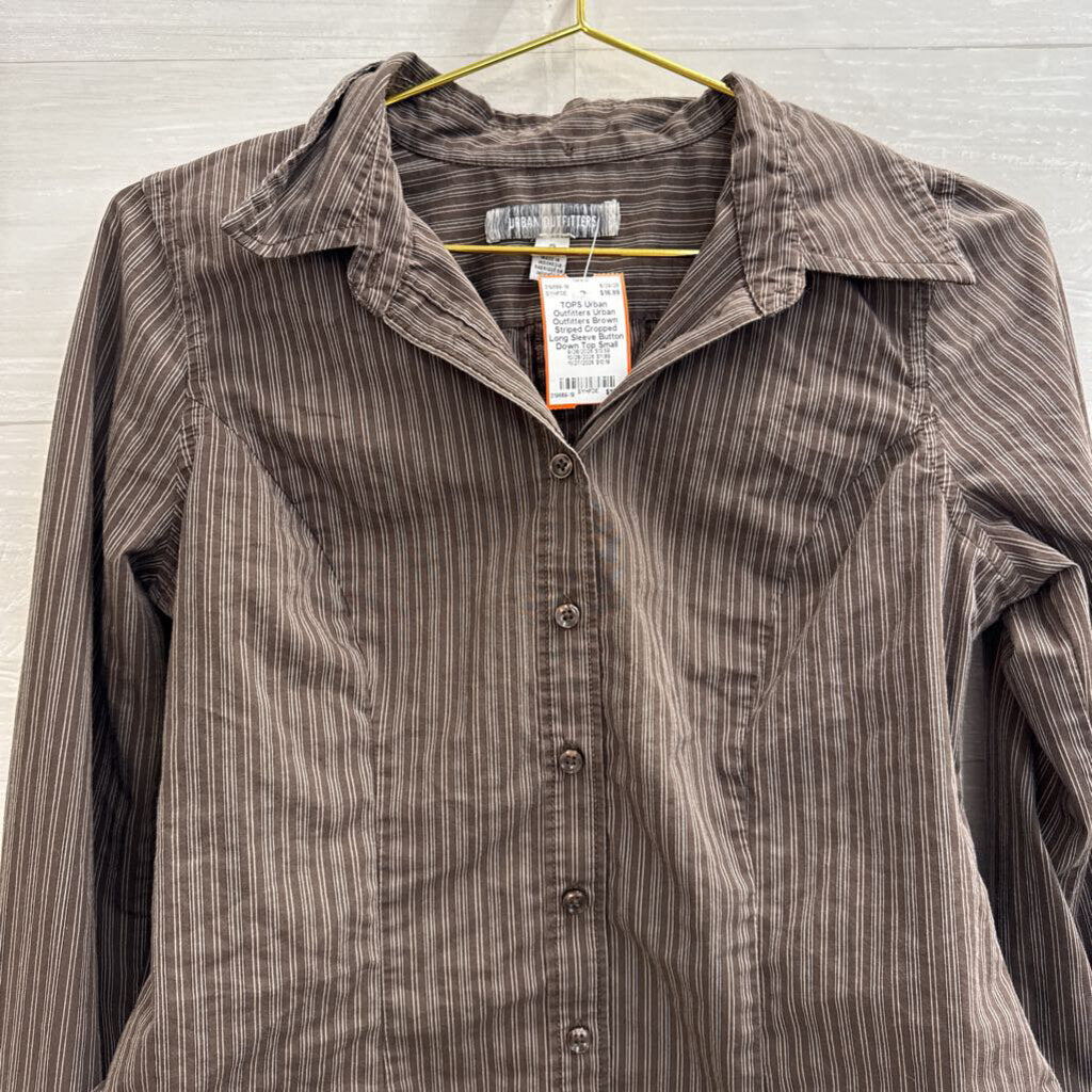 Urban Outfitters Brown Striped Cropped Long Sleeve Button Down Top Small