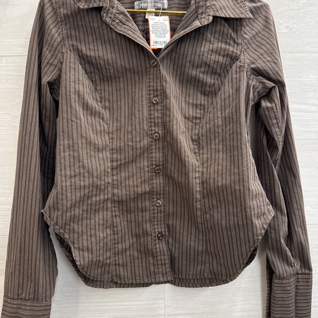 Urban Outfitters Brown Striped Cropped Long Sleeve Button Down Top Small