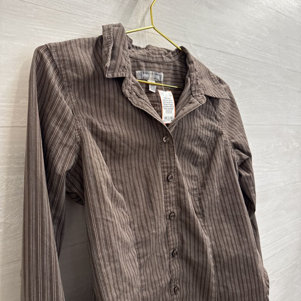 Urban Outfitters Brown Striped Cropped Long Sleeve Button Down Top Small