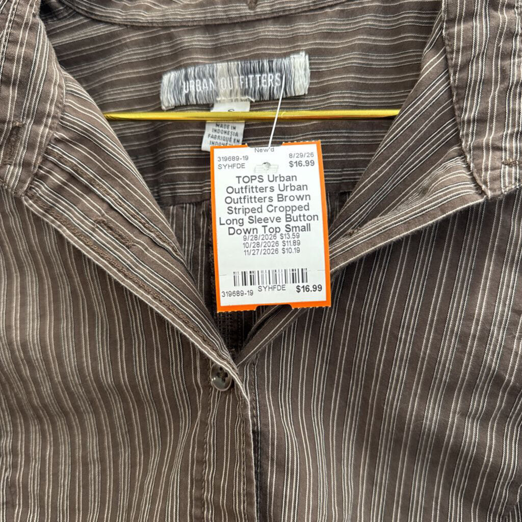 Urban Outfitters Brown Striped Cropped Long Sleeve Button Down Top Small