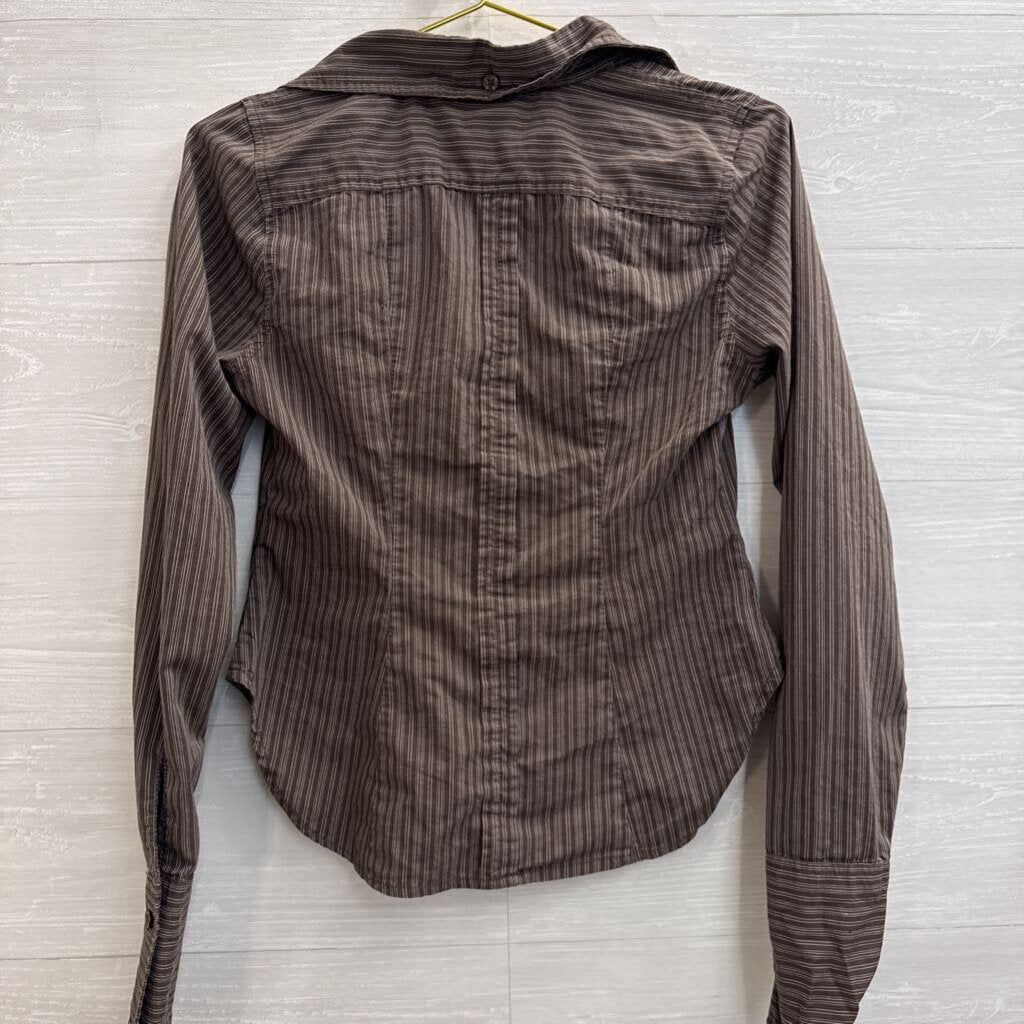 Urban Outfitters Brown Striped Cropped Long Sleeve Button Down Top Small