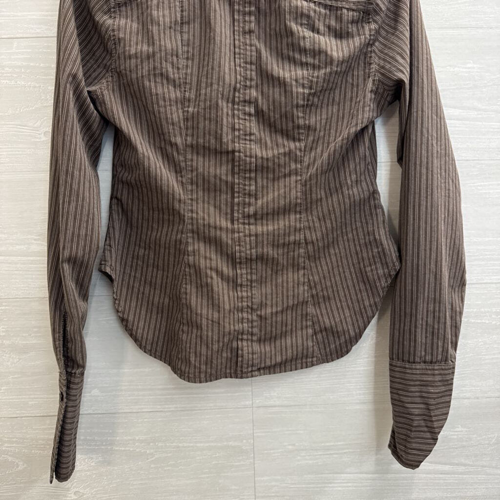 Urban Outfitters Brown Striped Cropped Long Sleeve Button Down Top Small