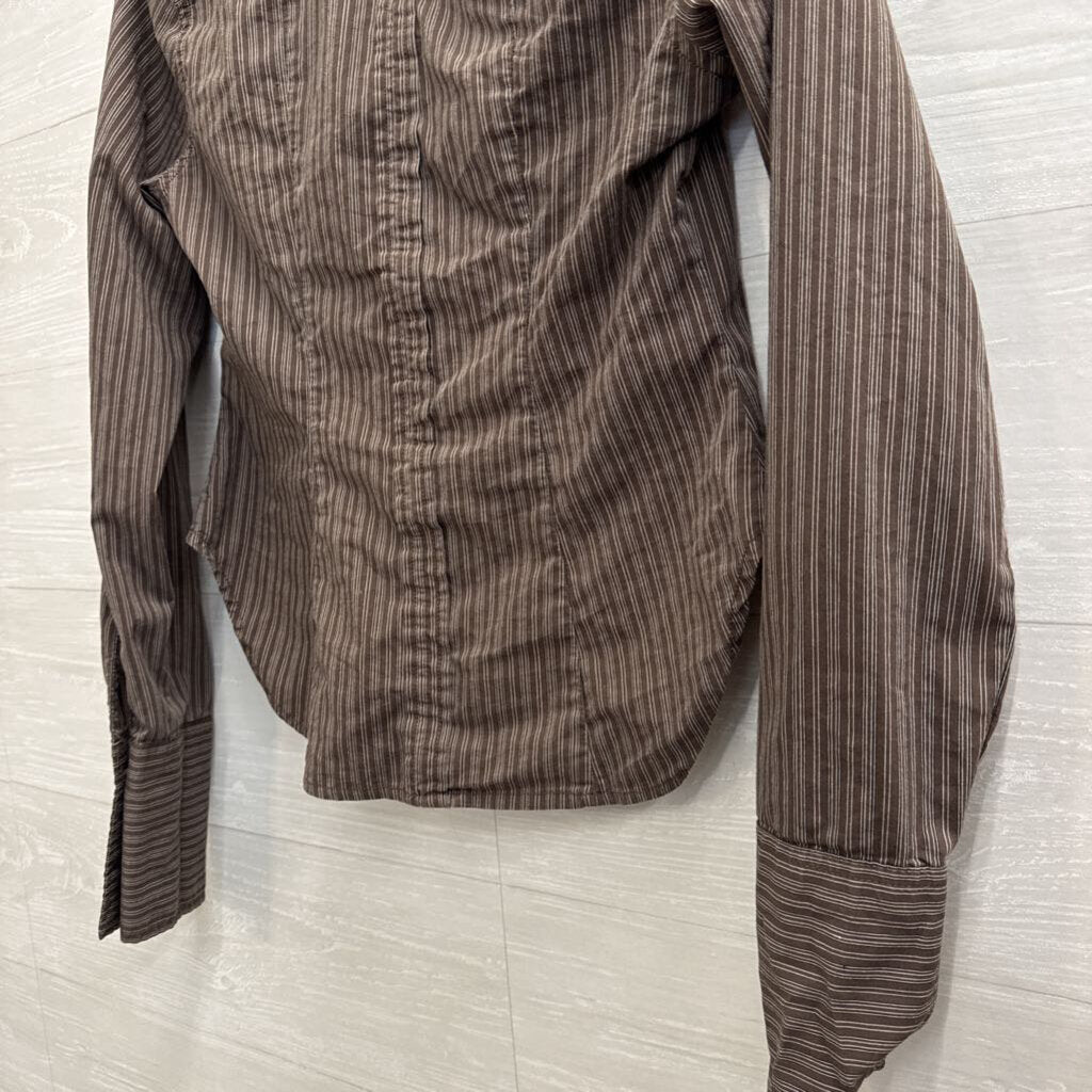 Urban Outfitters Brown Striped Cropped Long Sleeve Button Down Top Small