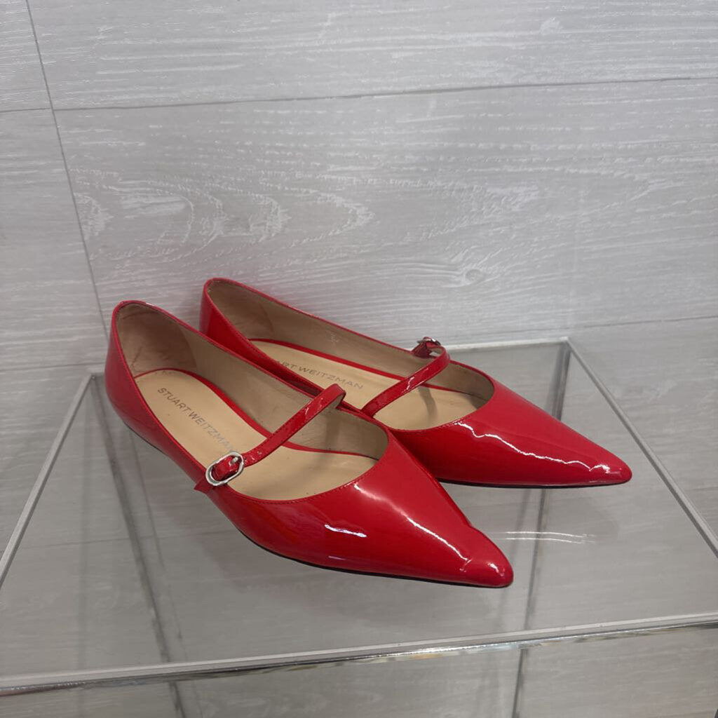 Stuart Weitzman Red Patent Leather Emilia Mary Jane Point Toe Flats 8