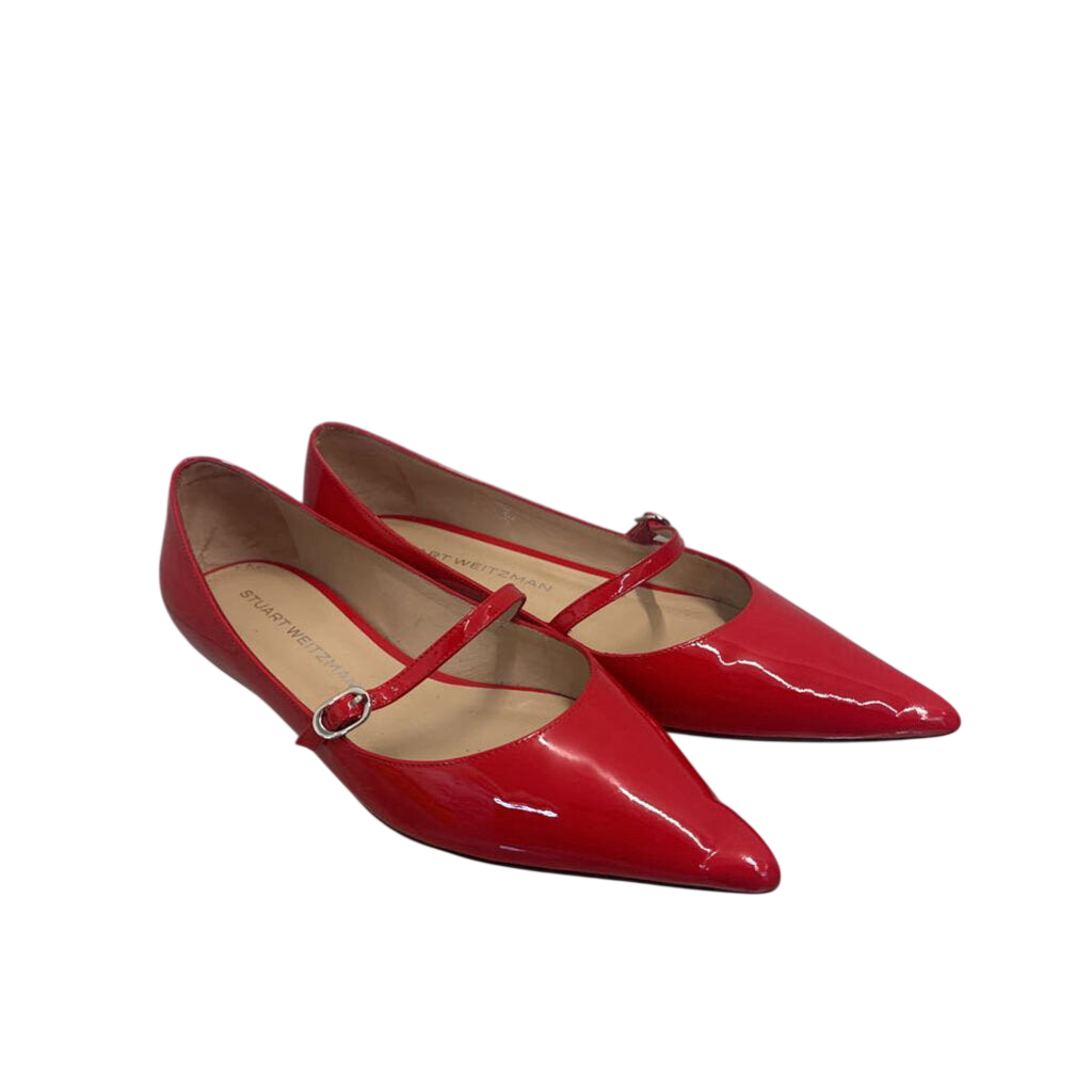 Stuart Weitzman Red Patent Leather Emilia Mary Jane Point Toe Flats 8