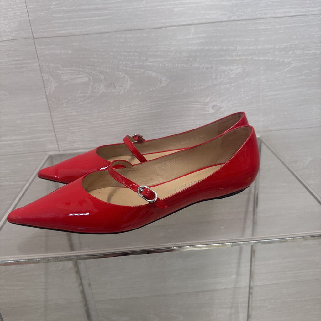 Stuart Weitzman Red Patent Leather Emilia Mary Jane Point Toe Flats 8