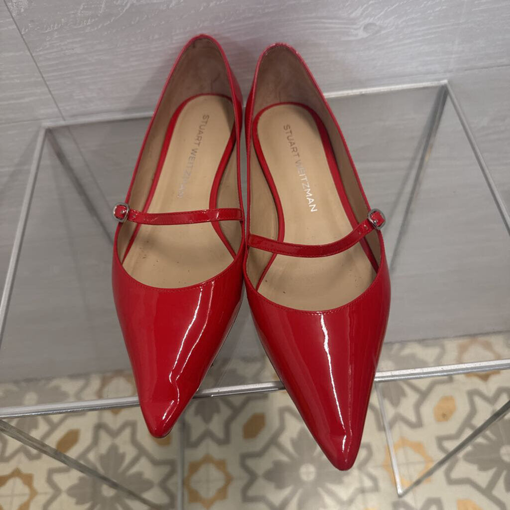 Stuart Weitzman Red Patent Leather Emilia Mary Jane Point Toe Flats 8