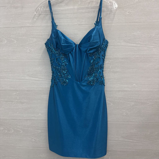 Nox Anabel Blue Silky Beaded Lace Short Formal Dress 2