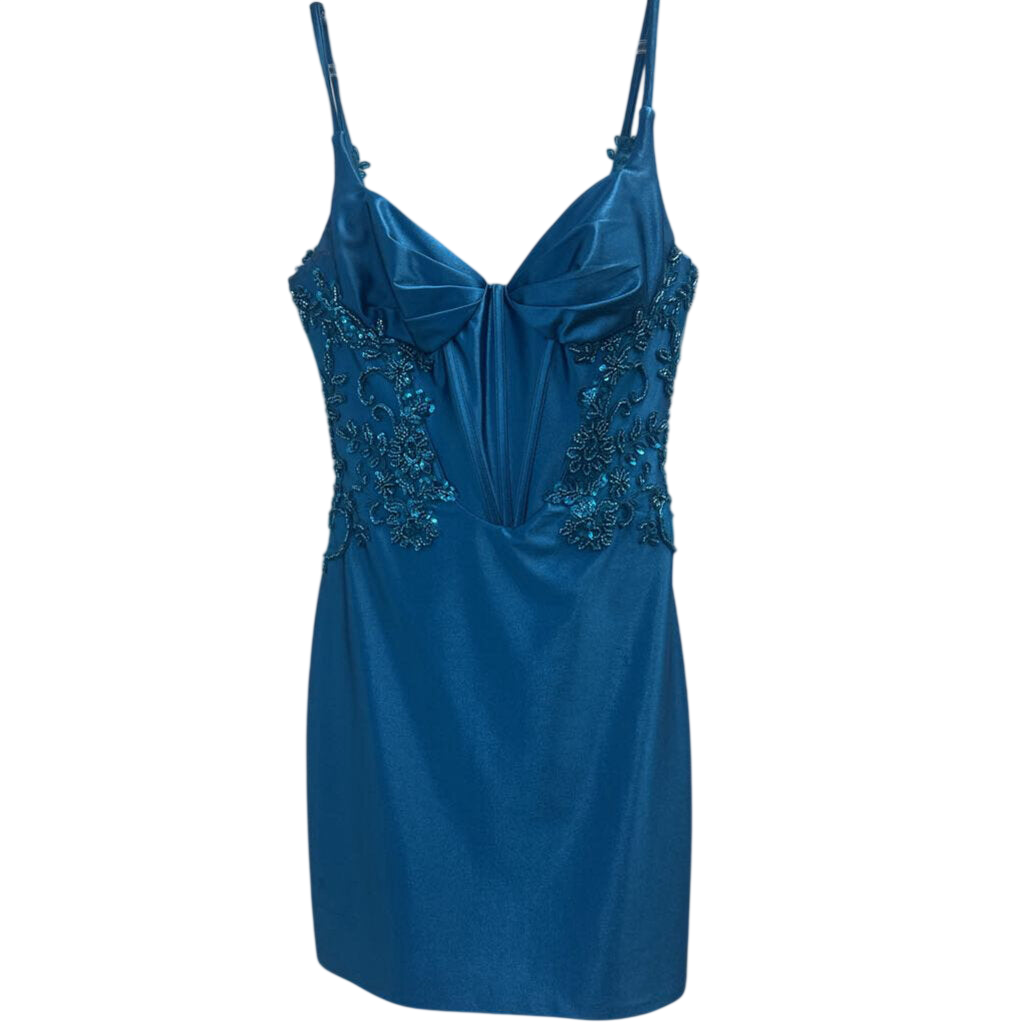 Nox Anabel Blue Silky Beaded Lace Short Formal Dress 2