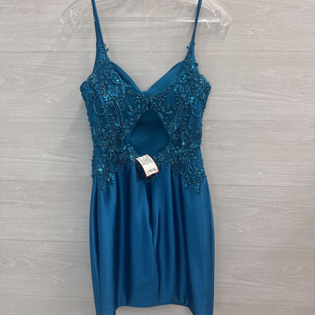 Nox Anabel Blue Silky Beaded Lace Short Formal Dress 2