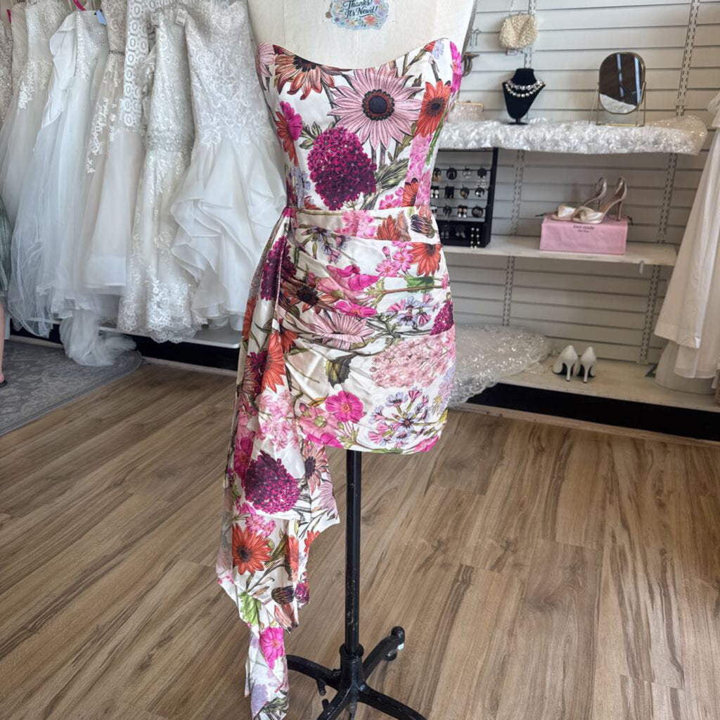 Katie May Ivory/ Multi Floral Print Strapless A Symmetrical Short Formal Dress Small