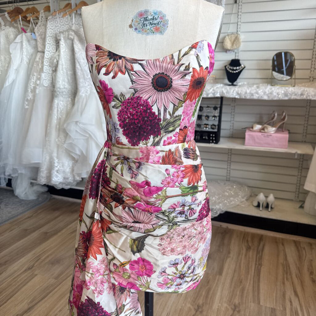 Katie May Ivory/ Multi Floral Print Strapless A Symmetrical Short Formal Dress Small