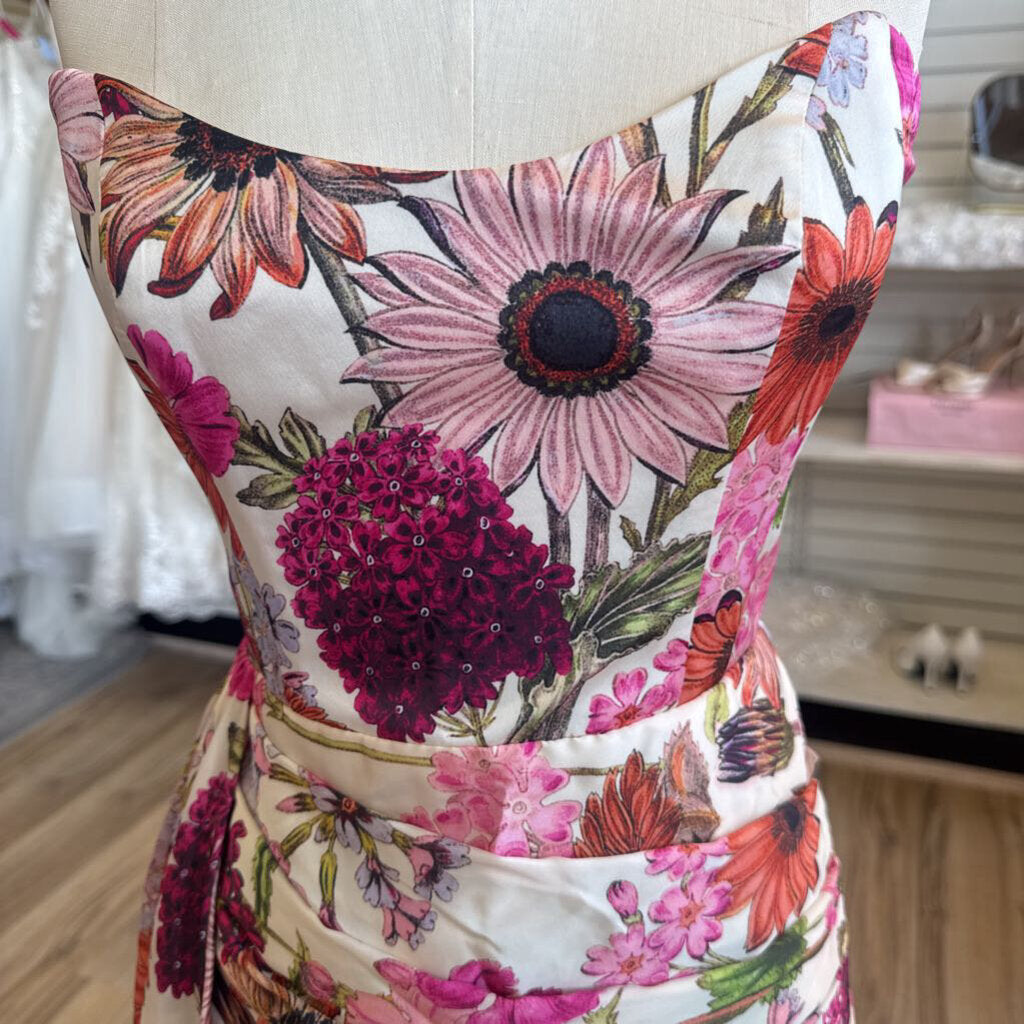 Katie May Ivory/ Multi Floral Print Strapless A Symmetrical Short Formal Dress Small