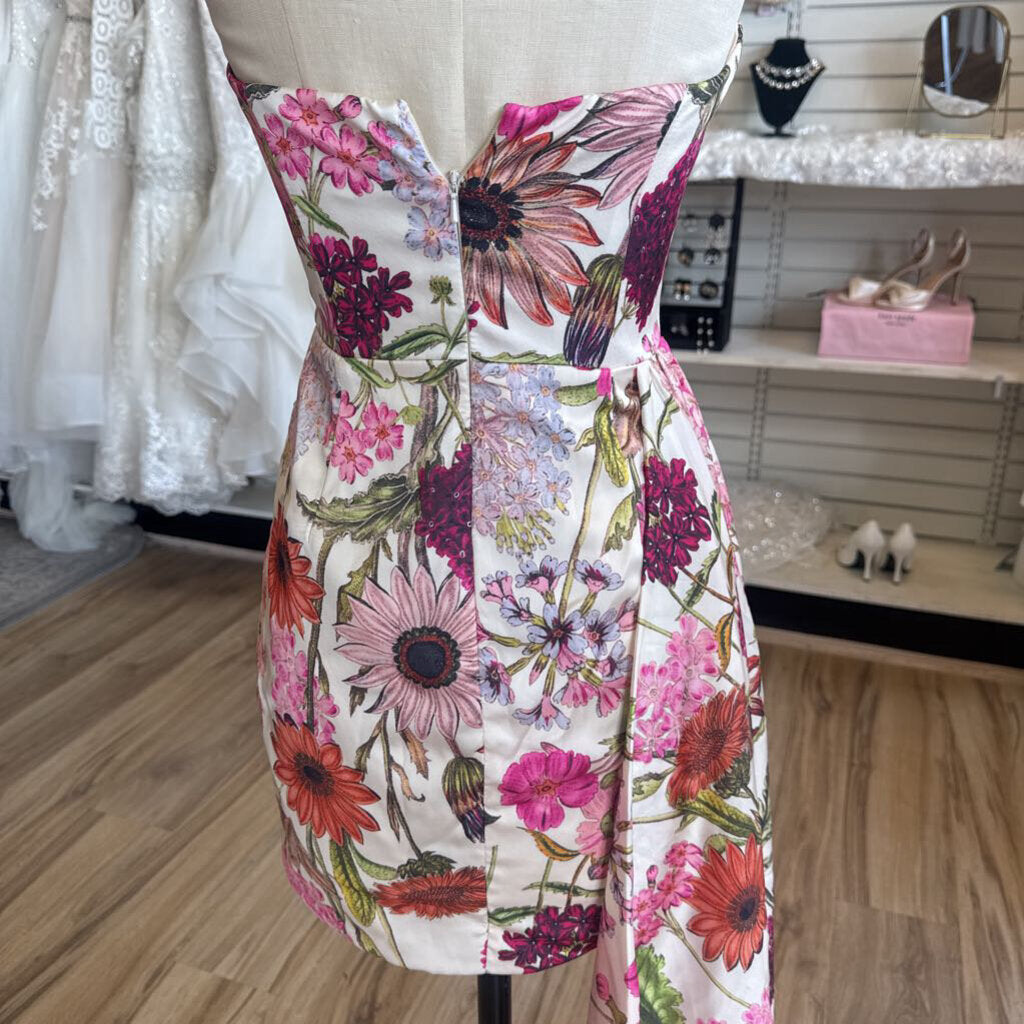 Katie May Ivory/ Multi Floral Print Strapless A Symmetrical Short Formal Dress Small
