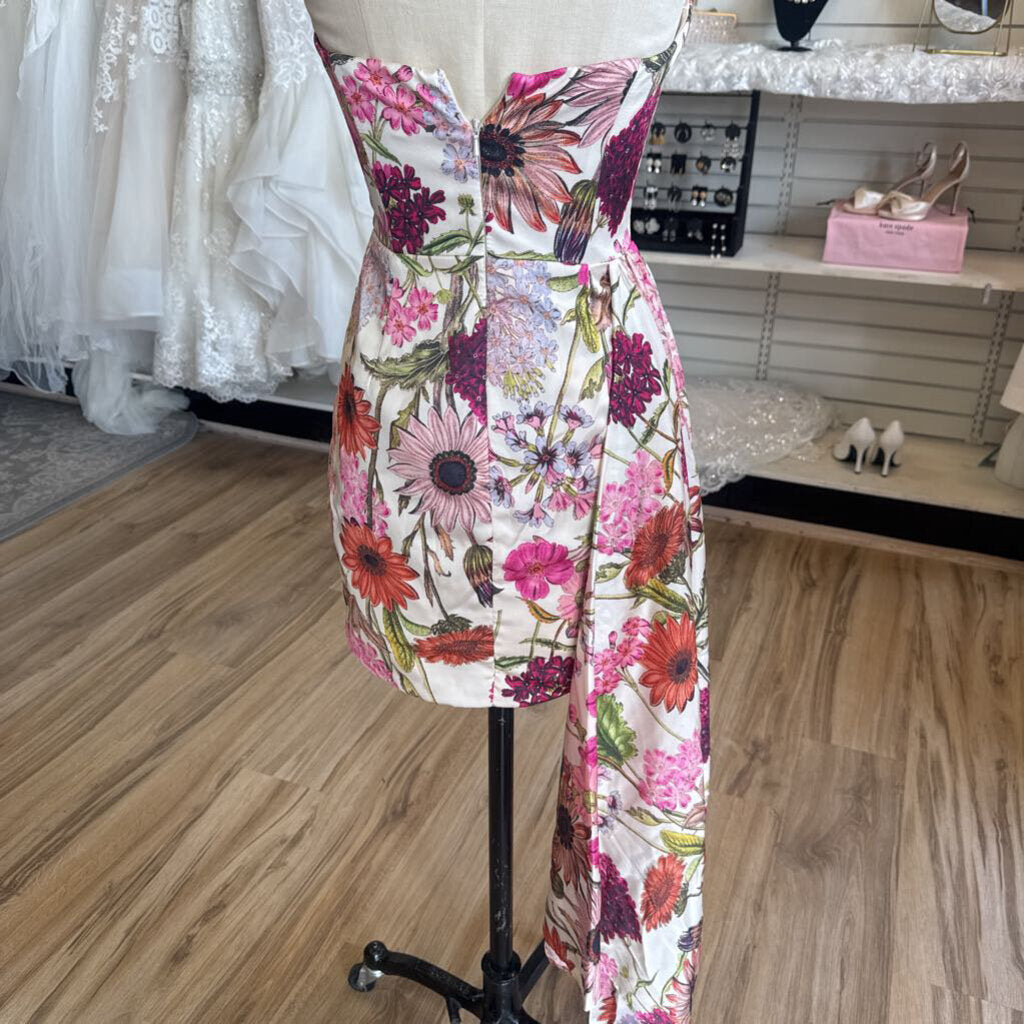 Katie May Ivory/ Multi Floral Print Strapless A Symmetrical Short Formal Dress Small