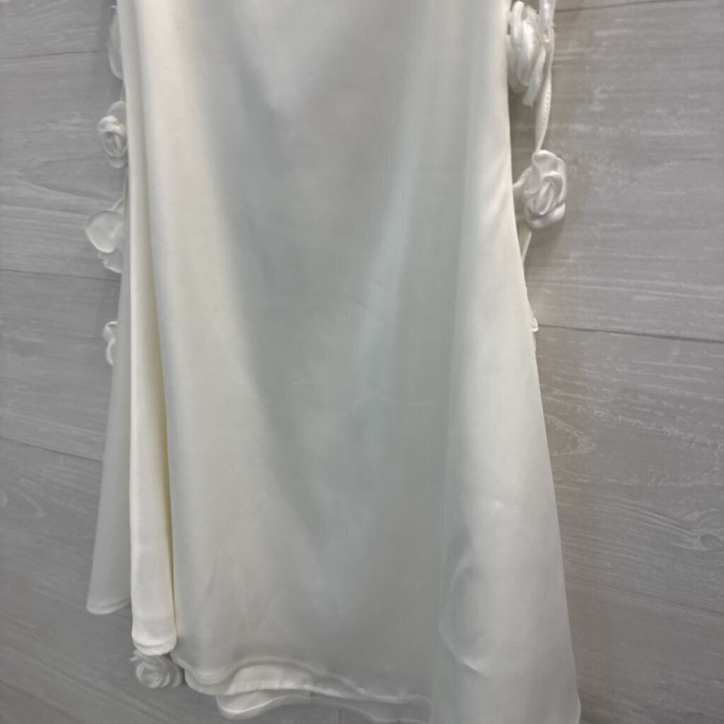 Lena White Silky Floral Tassel Strap Short Formal Dress Small